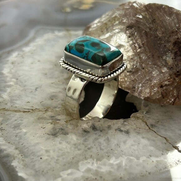 Sterling Silver Southwestern Style Malachite Chrysocolla Bar Ring S 10 For Women - Picture 3 of 10